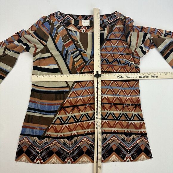 Chico's Multicolor Geometric Chiffon Blouse 3/4 Sleeve Boat Neck Sz S (Chicos 0) - Picture 3 of 14